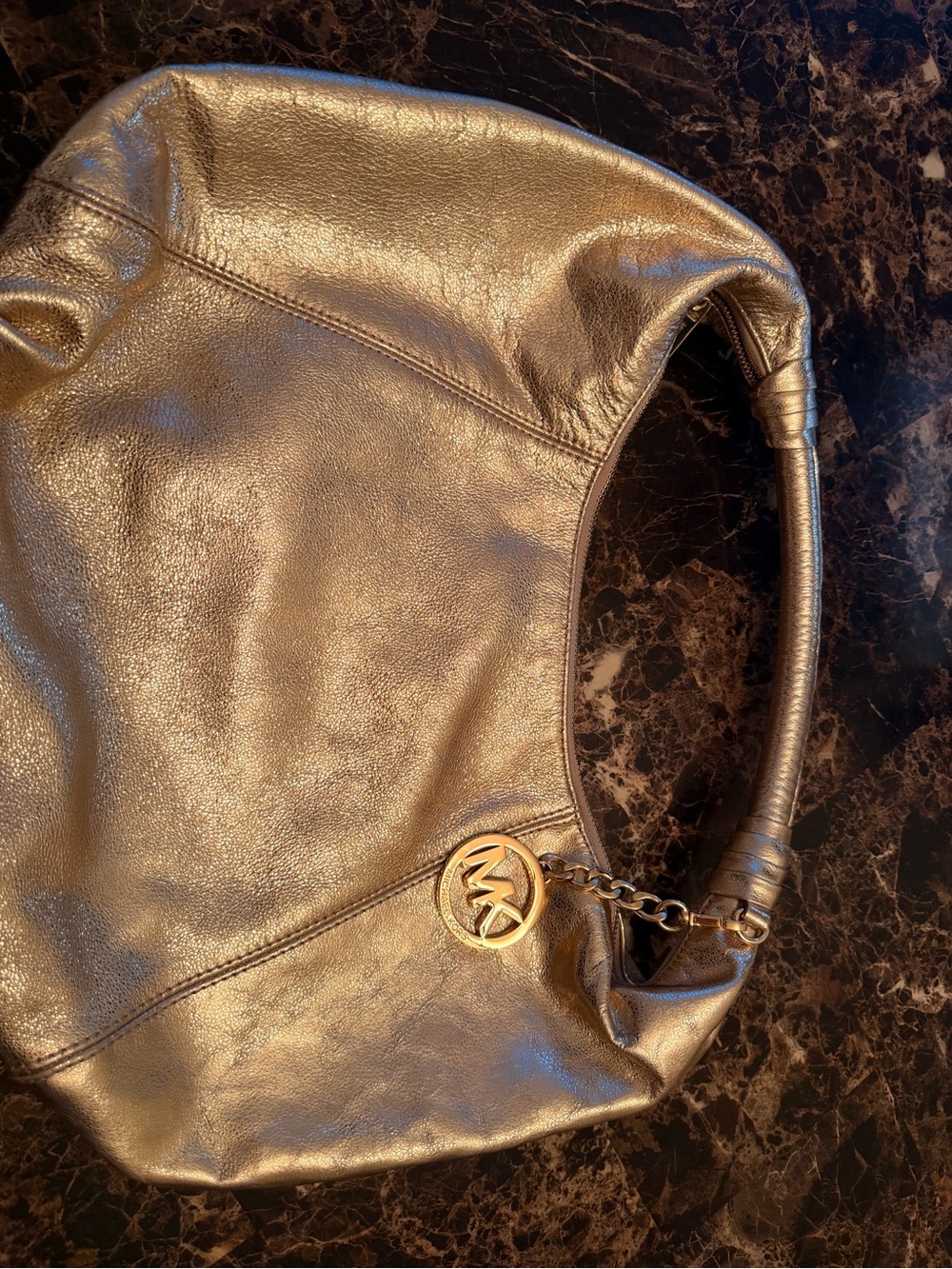 Michael Michael Kors Metallic Gold Leather Hobo Shoulder Bag Large Zip Top MK - Picture 10 of 12